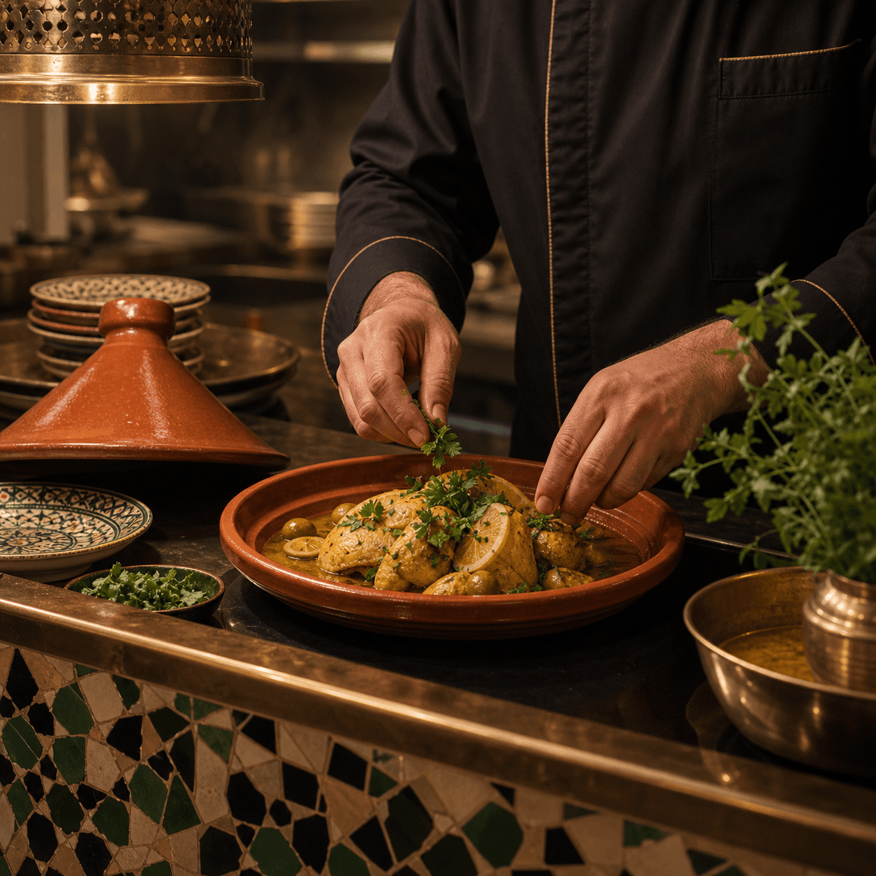 Chef Samir El Fassi plating a signature Moroccan dish