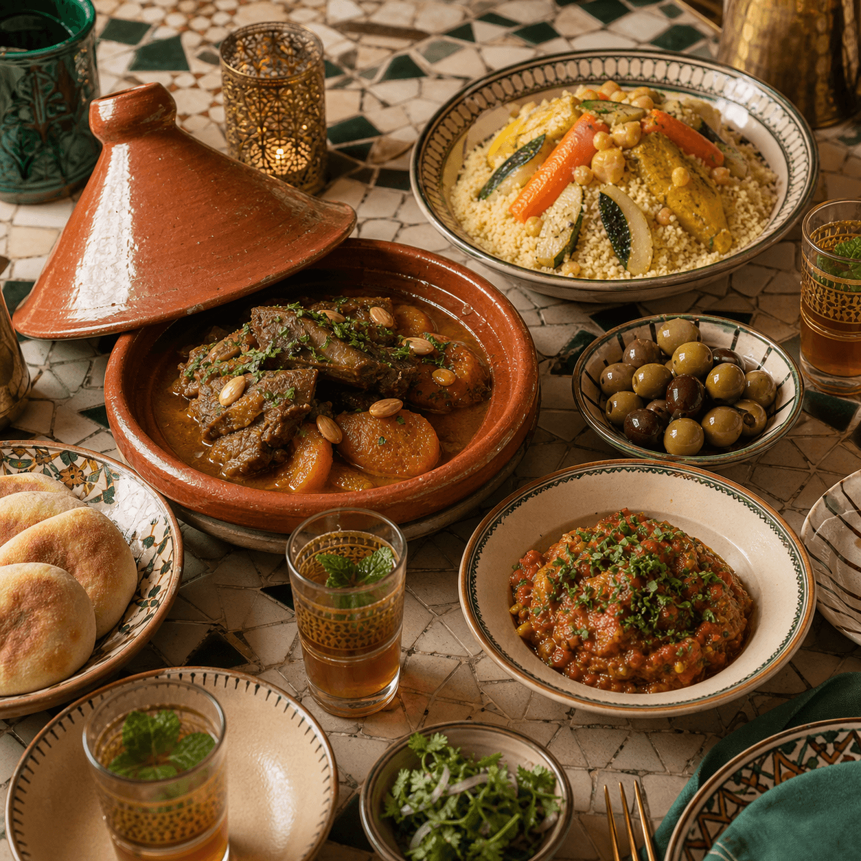 Moroccan dishes arranged on ceramic plates