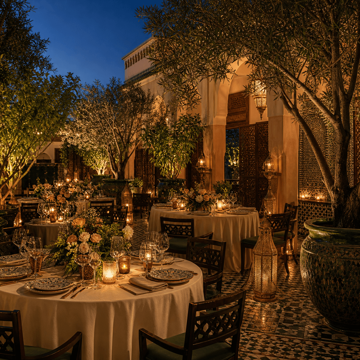 Moroccan restaurant courtyard prepared for an event