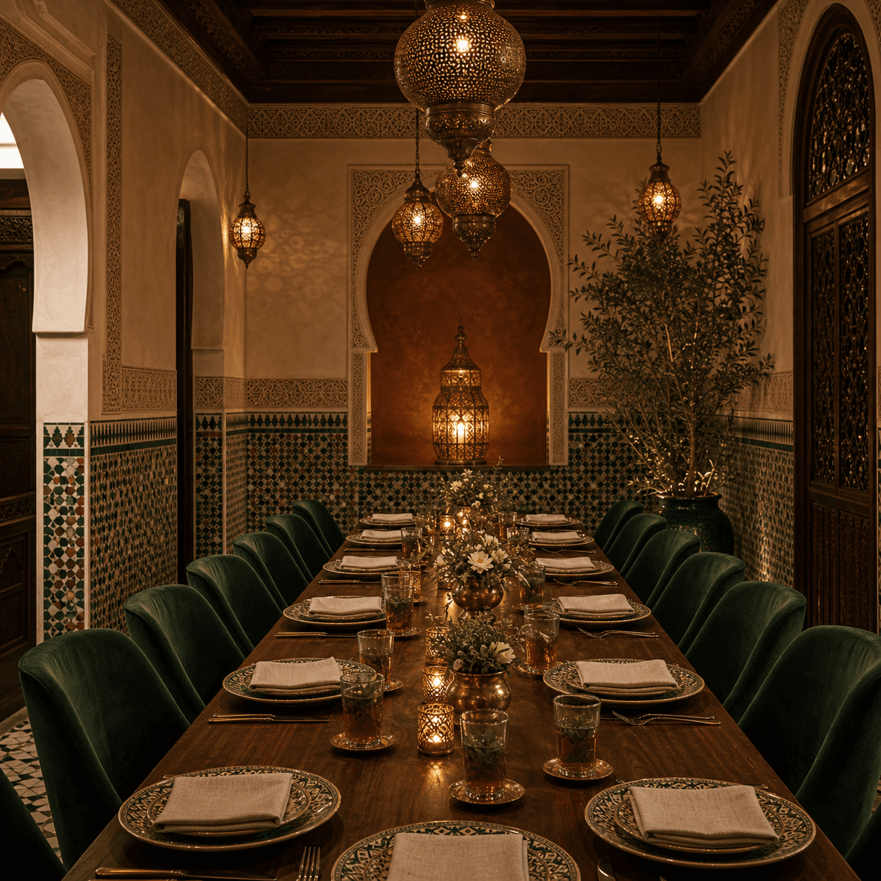 Private Moroccan dining room with a prepared long table