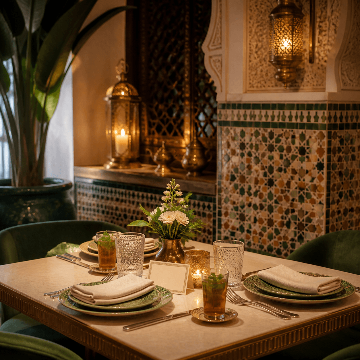 Reserved table with ceramic plates and mint tea
